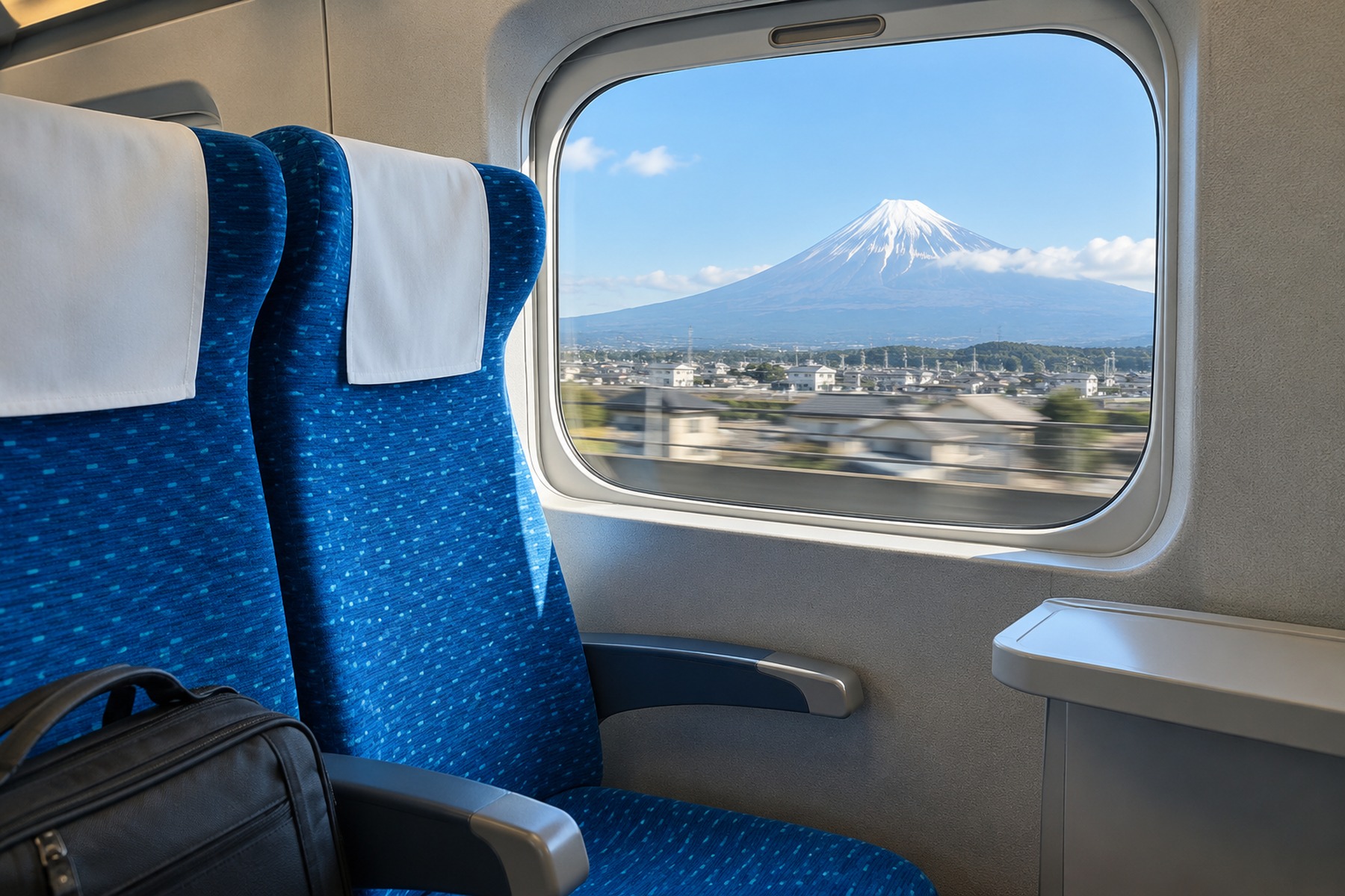 Shinkansen seats beside a window with Mount Fuji visible outside