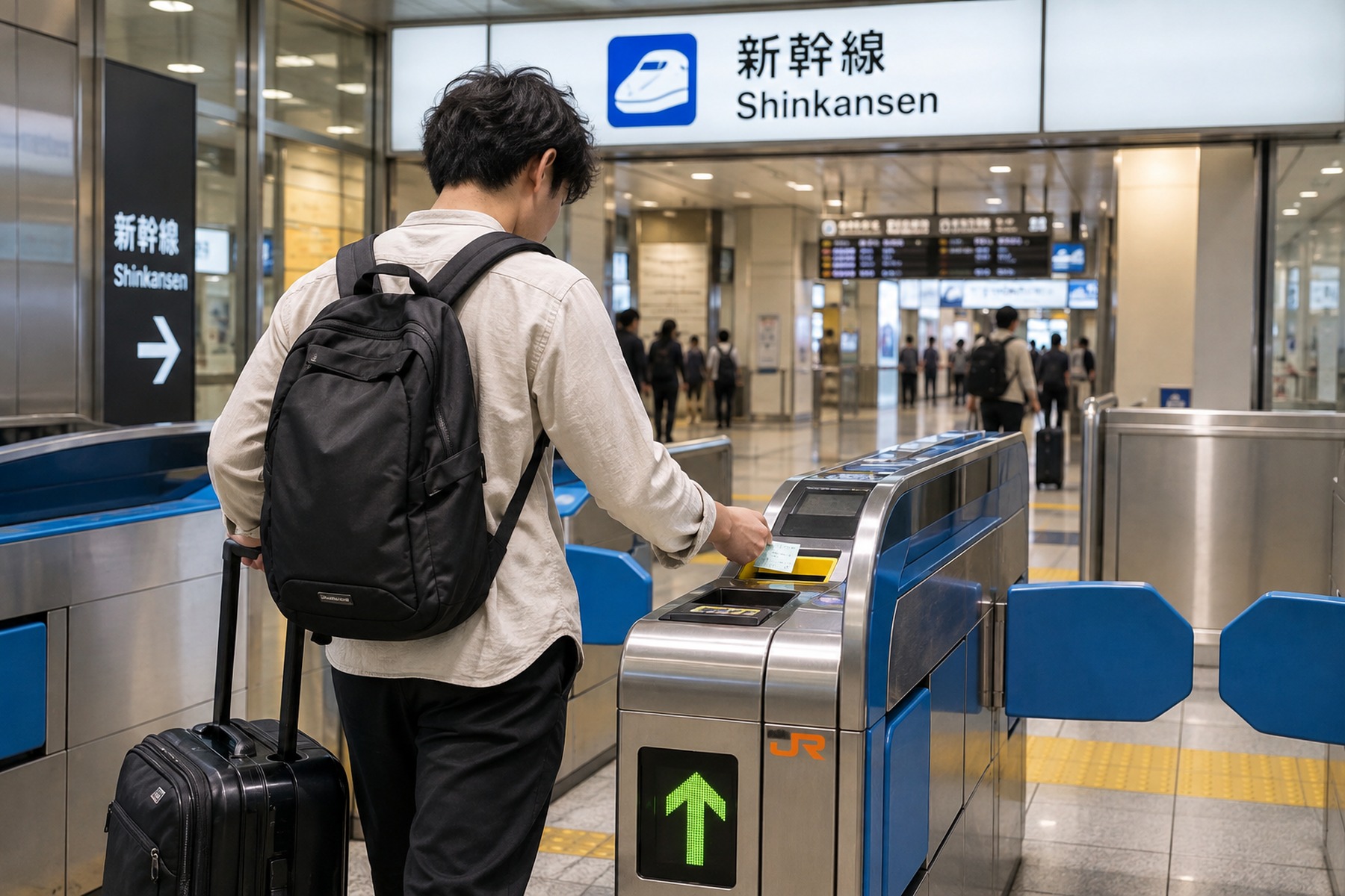 Traveler with a suitcase using a Shinkansen ticket gate