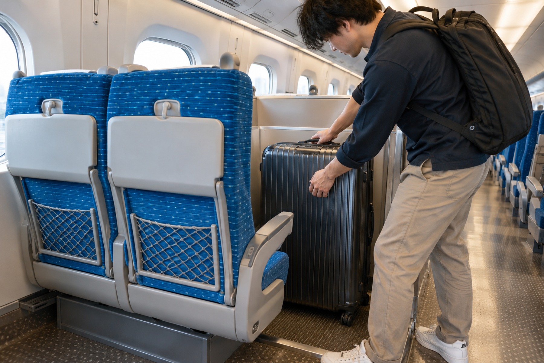 Traveler placing a large suitcase in Shinkansen luggage space behind the seats