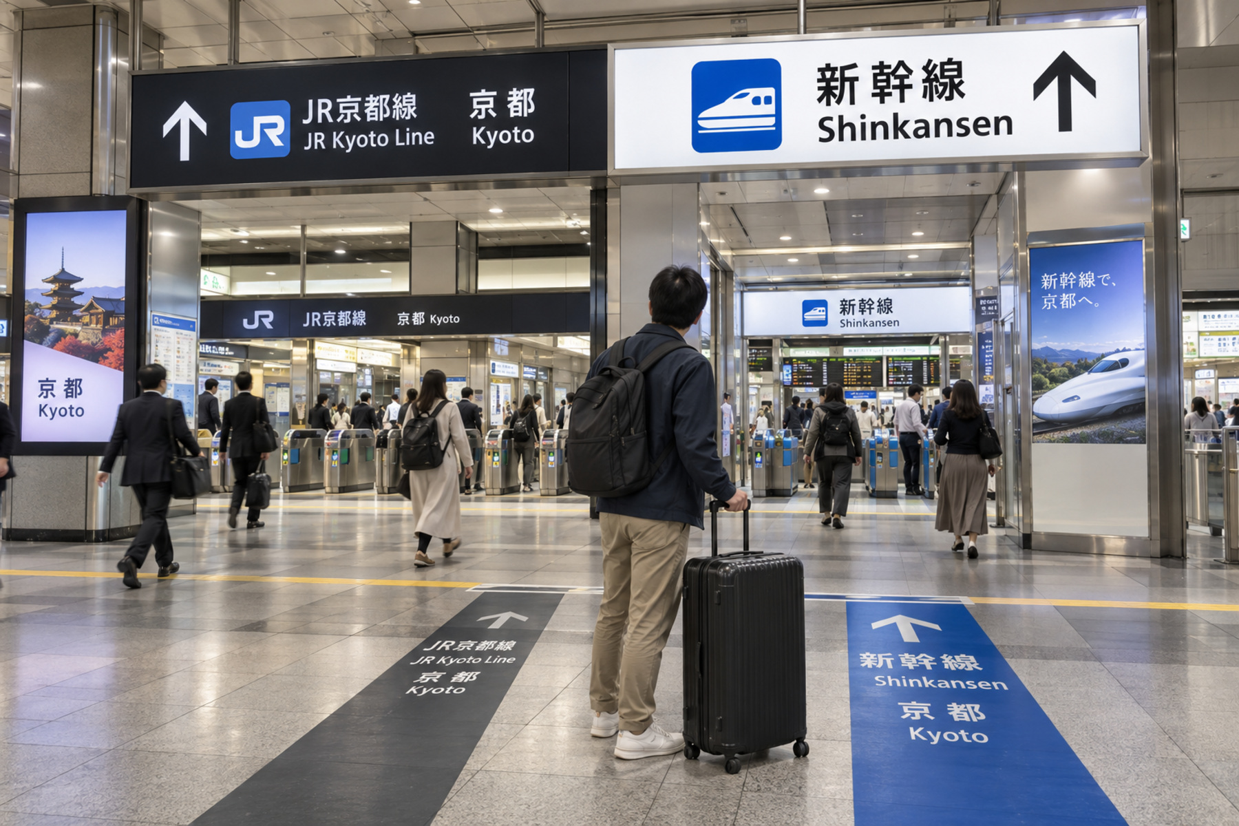 Traveler beside a Shinkansen at Shin-Osaka Station