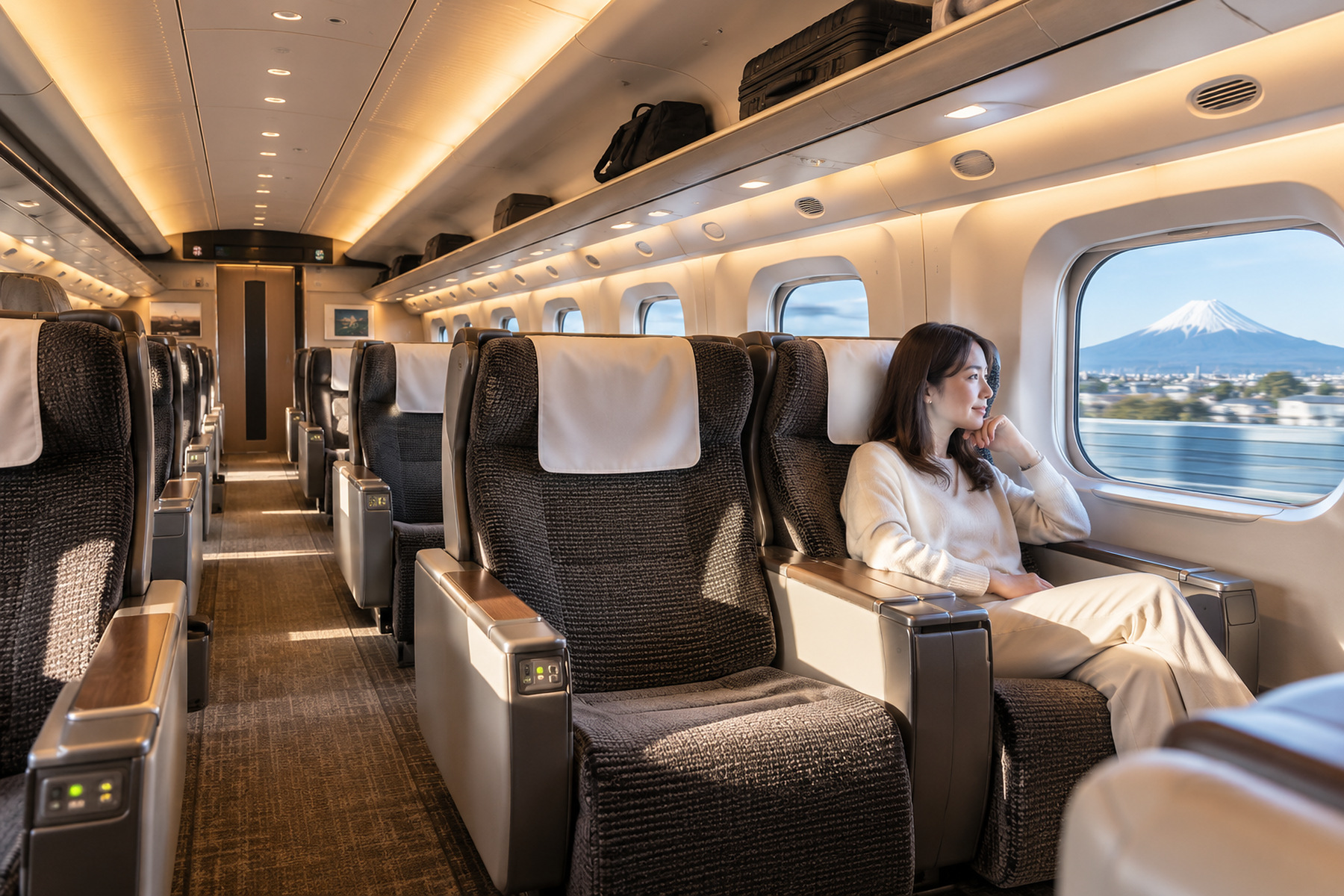 Spacious Green Car seats inside a Japanese Shinkansen