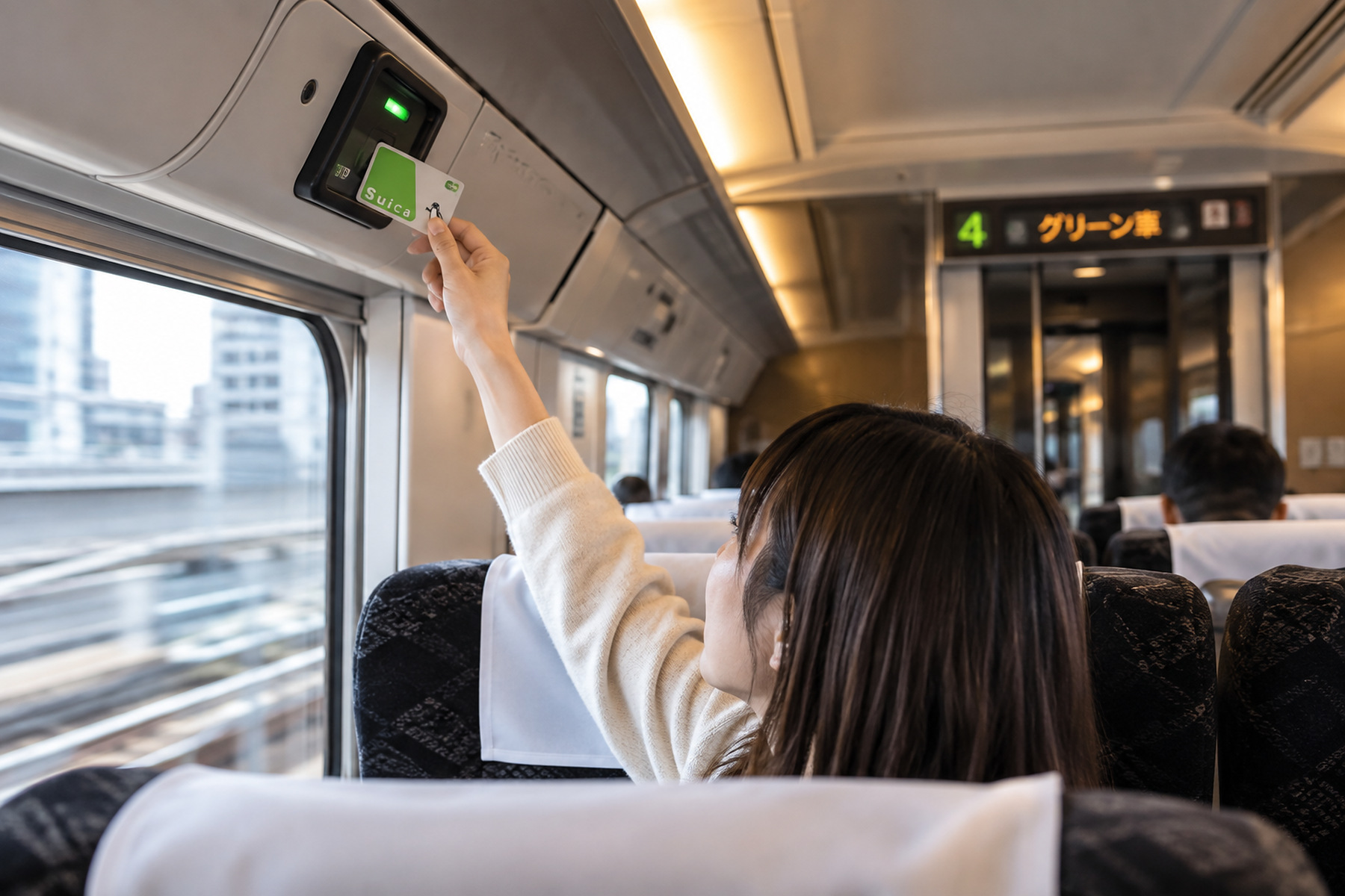 Passenger tapping Suica on the reader above a Green Car seat