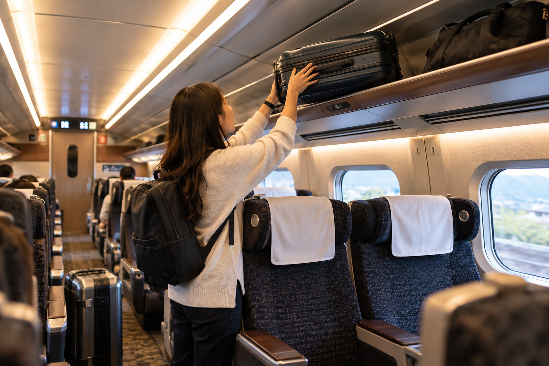 Traveler placing a suitcase in the luggage rack inside a Green Car