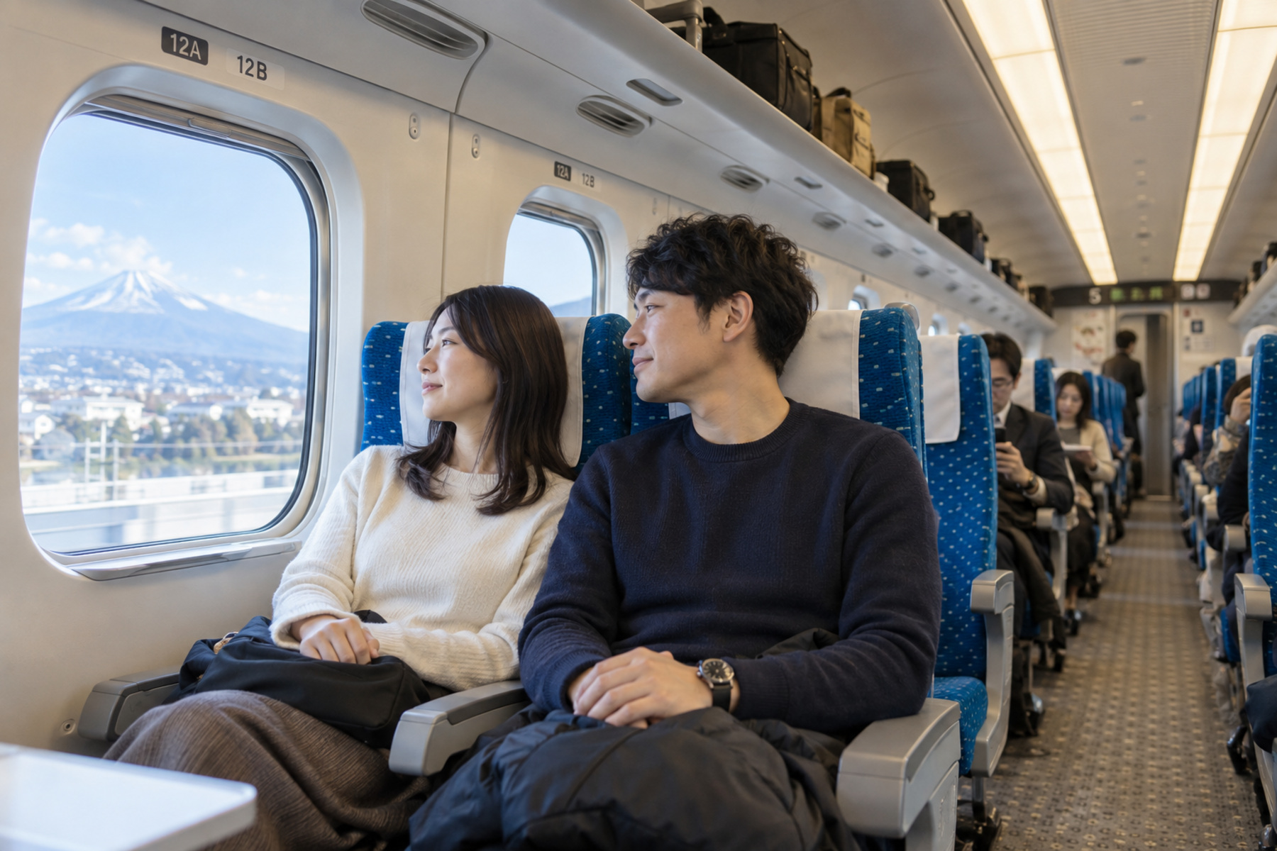 Travelers boarding a Shinkansen beside reserved and non-reserved seat signs