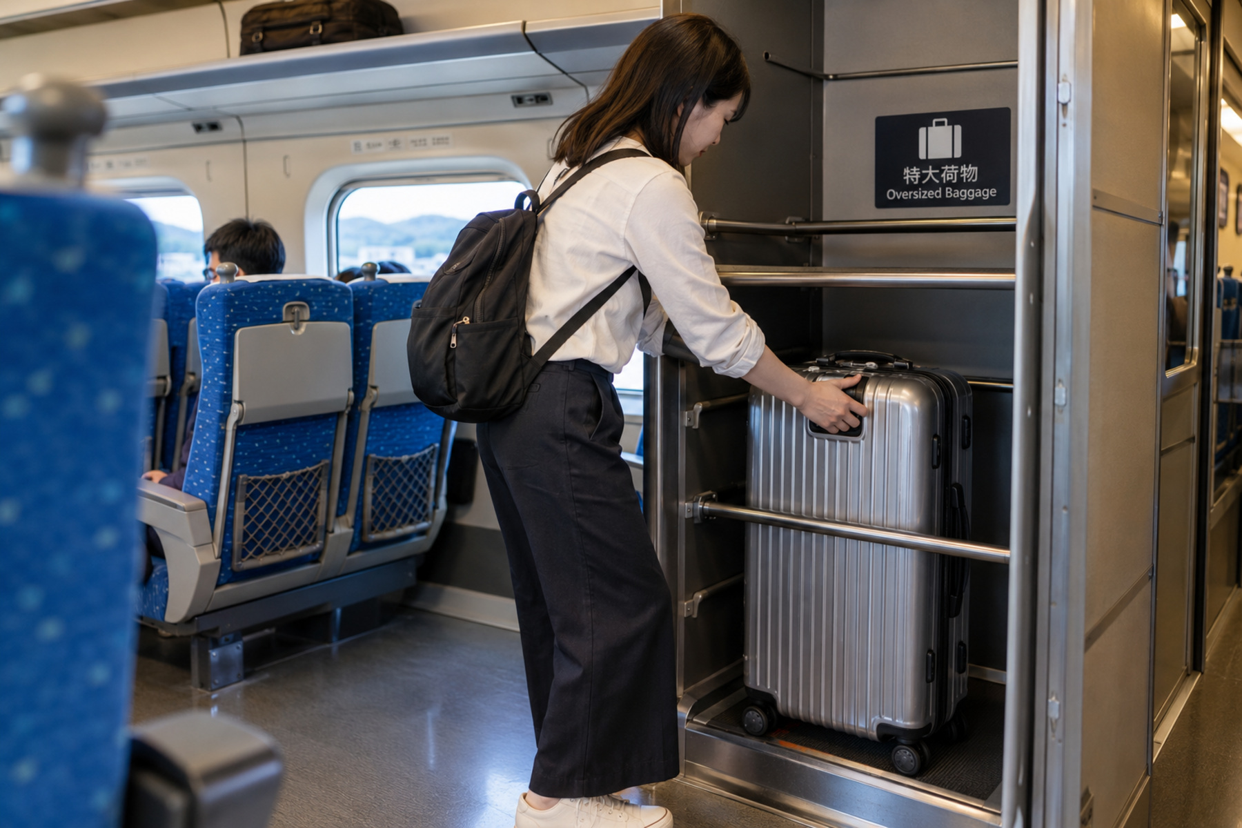 Passengers lining up beside a Shinkansen on a busy platform