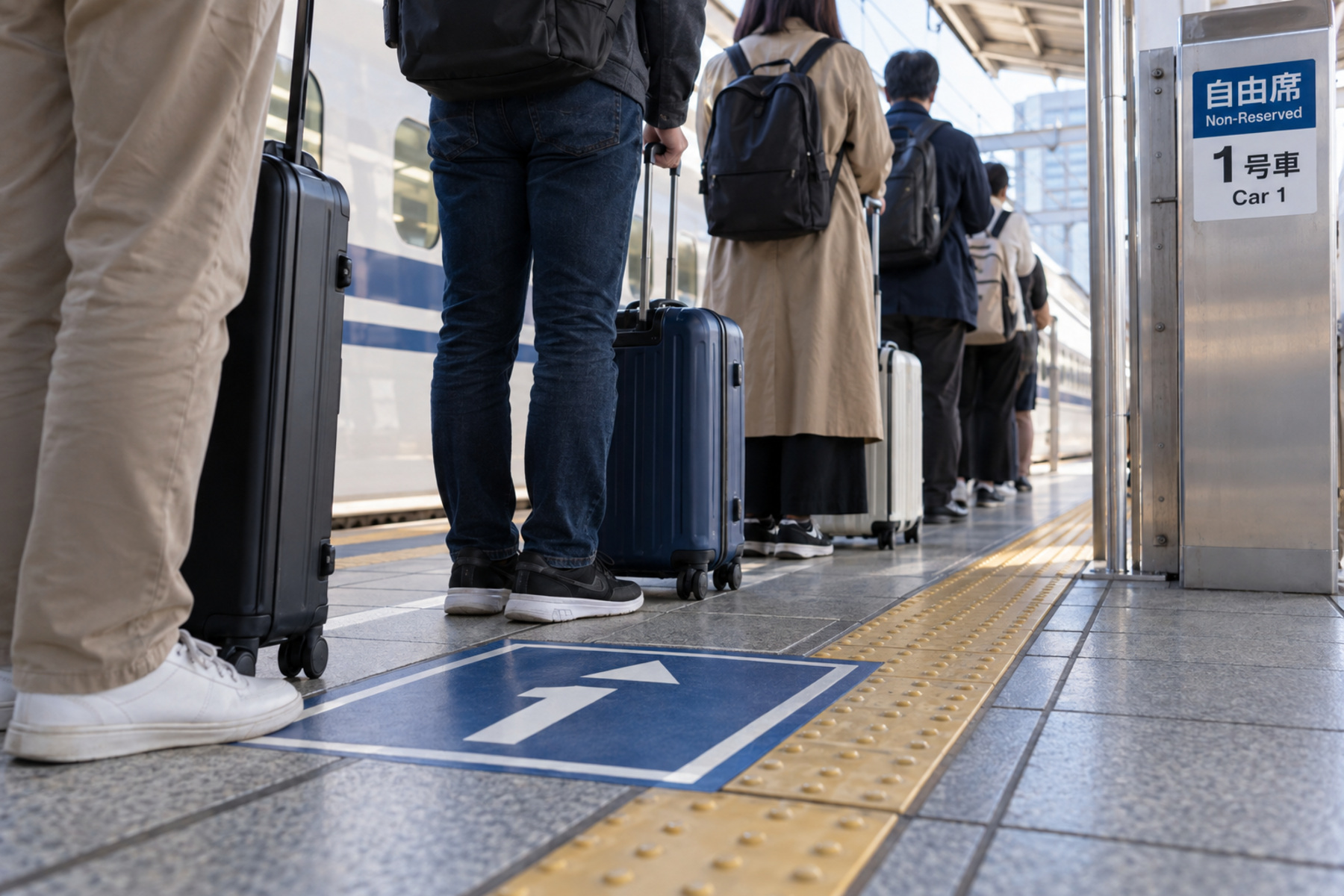 Travelers with suitcases boarding a Shinkansen with station staff nearby