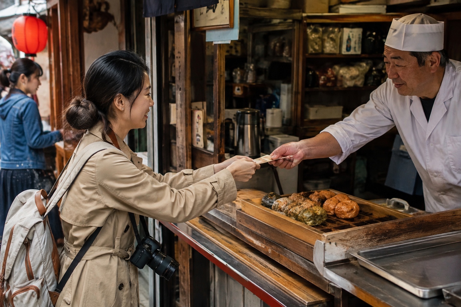 Traveler paying cash at a small food stall in Japan