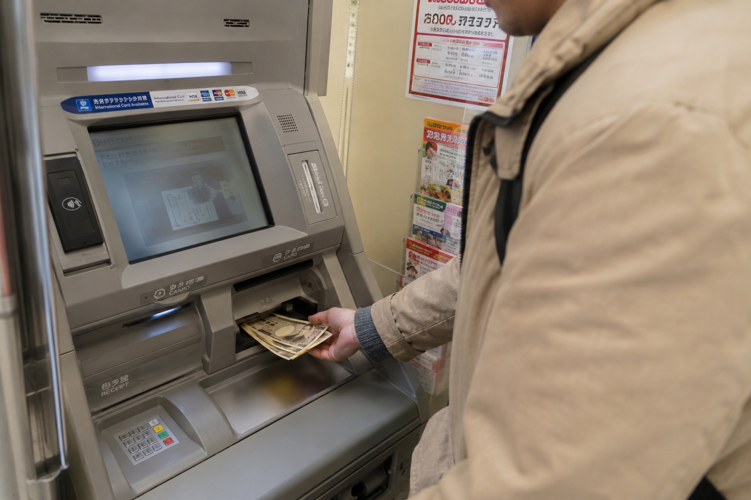 Traveler withdrawing Japanese yen from an ATM in Japan