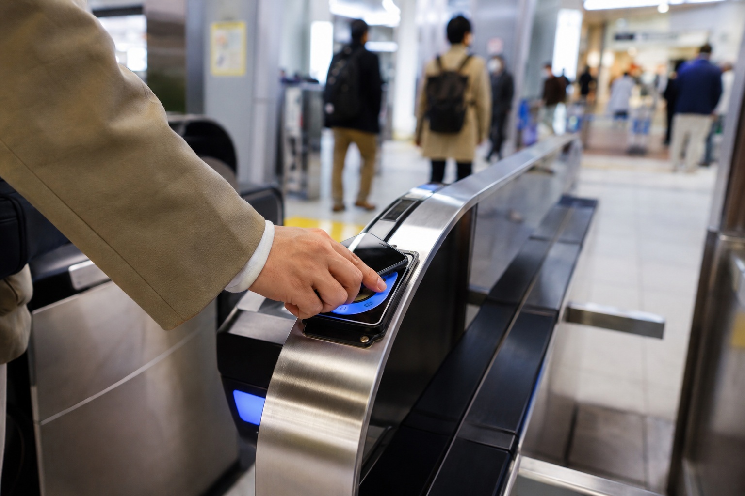 Traveler tapping a smartphone at a train station gate in Japan