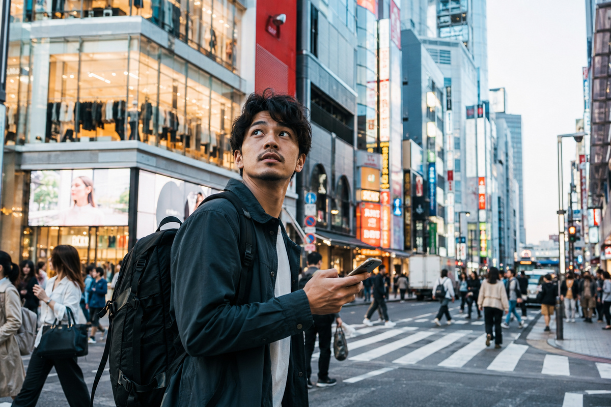 Traveler checking directions in a busy Tokyo shopping district