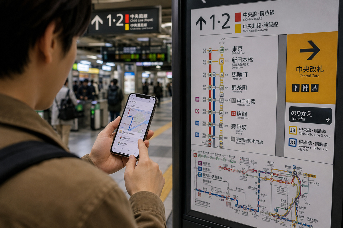 Traveler comparing phone directions with railway signs inside a Japanese station