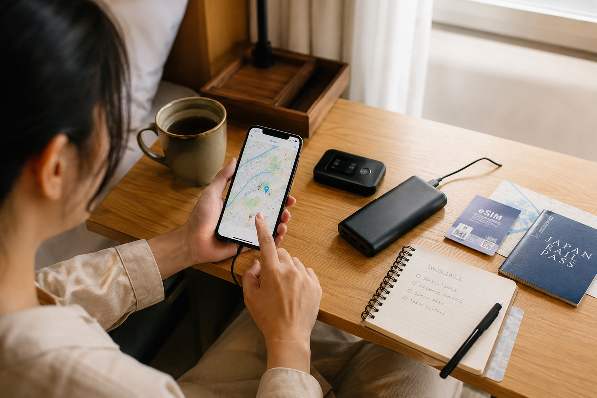 Traveler preparing Google Maps and mobile data for a day in Tokyo