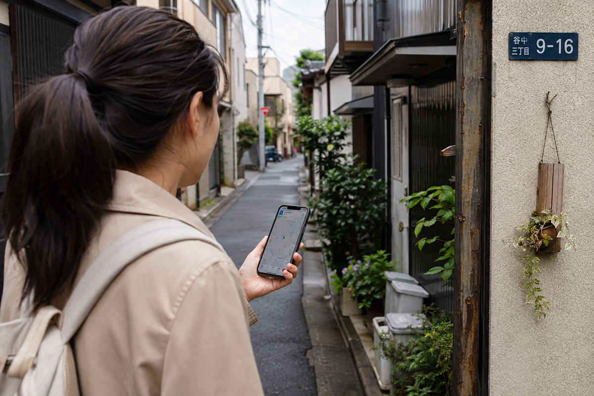 Traveler using a map to find an address on a quiet Japanese residential street