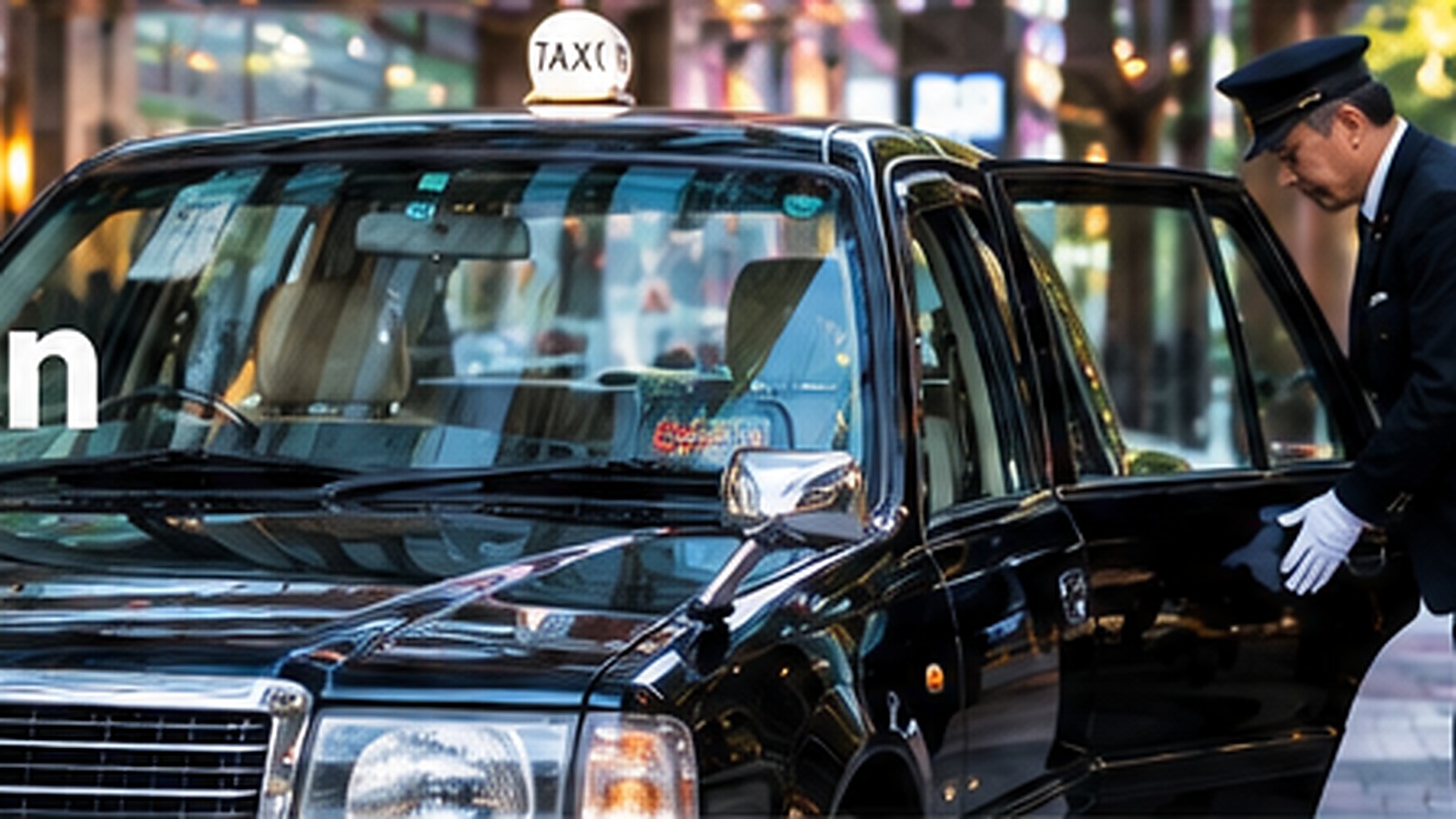Japanese taxi driver opening the rear door for a passenger