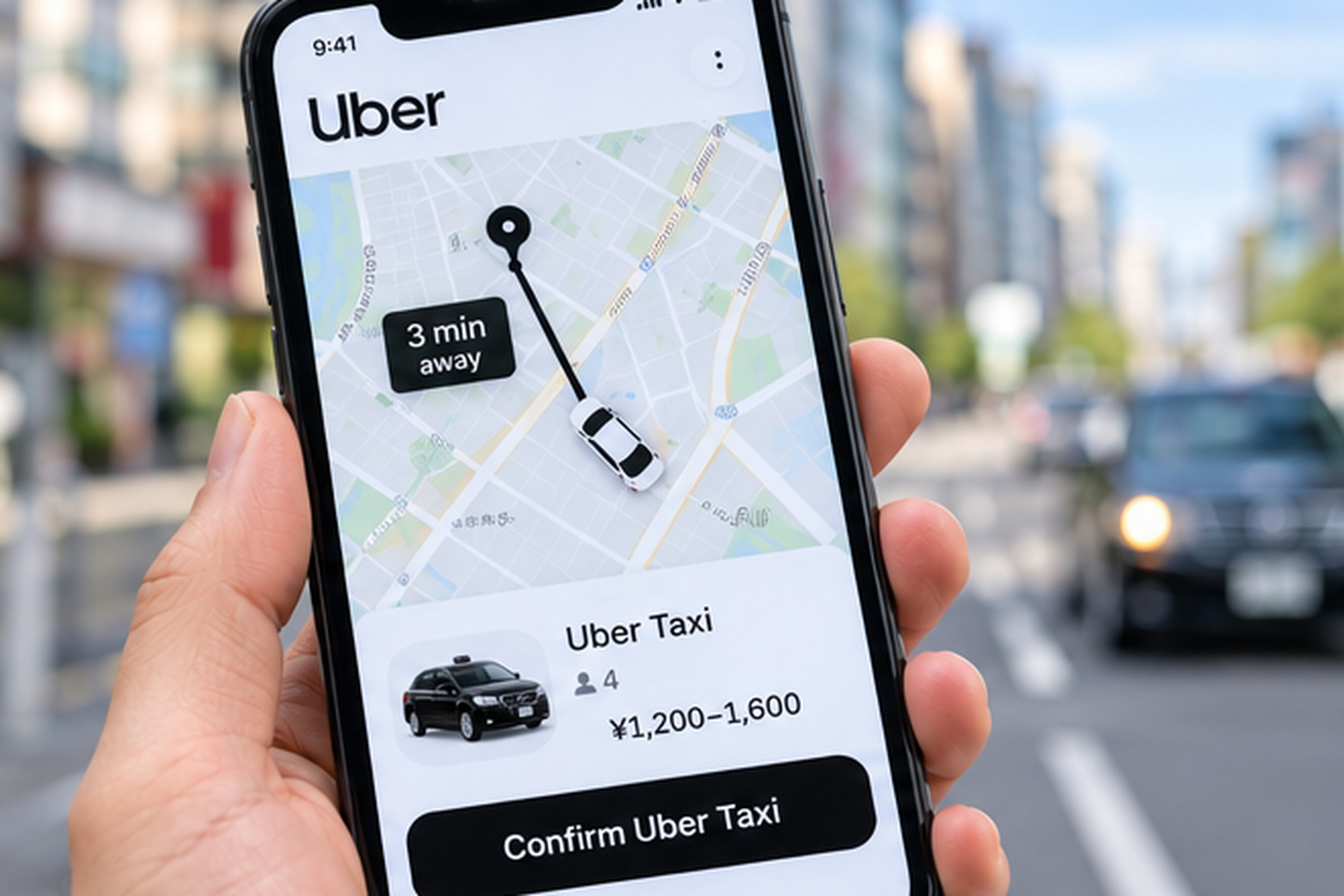 Traveler using the Uber app to request a taxi in Japan