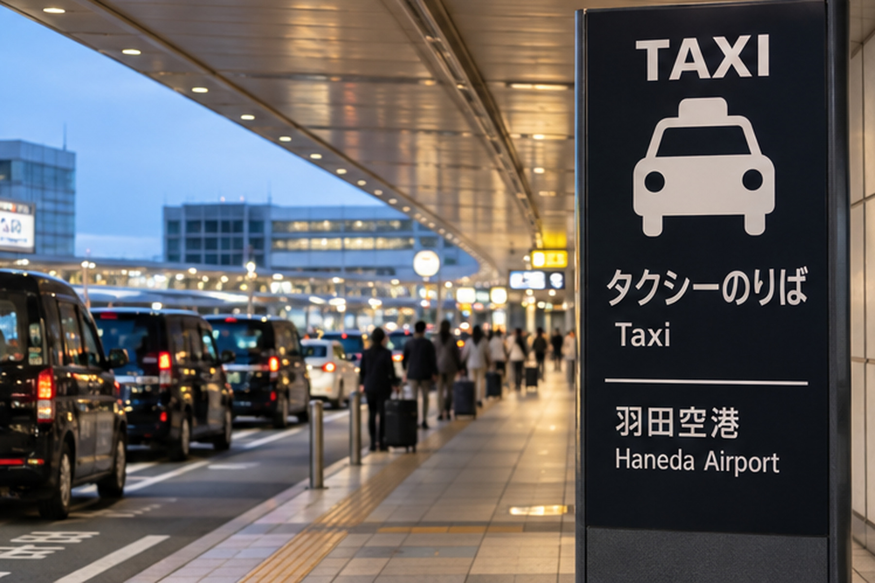 Taxi stand and waiting taxis at Haneda Airport