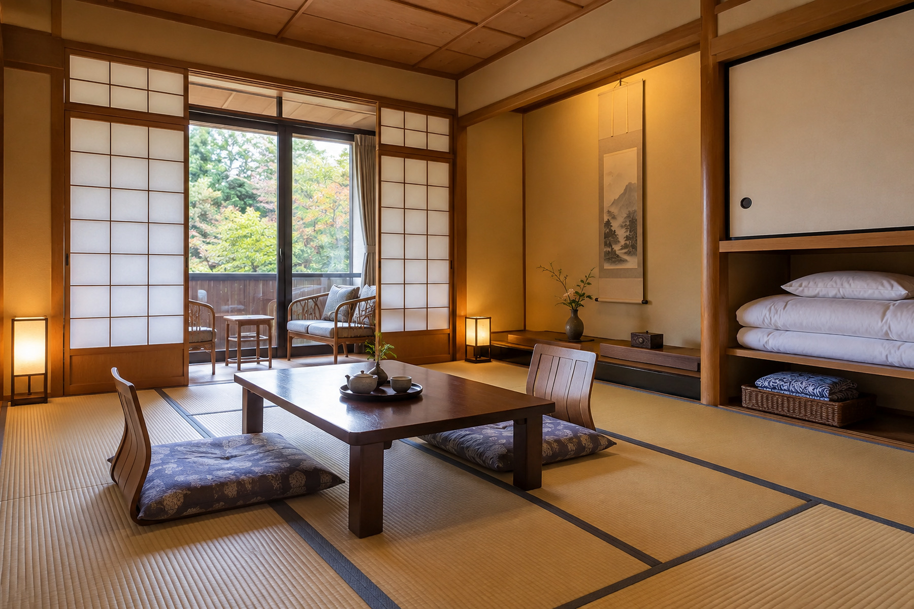 Japanese ryokan guest room with tatami flooring, low table, shoji screens and folded yukata