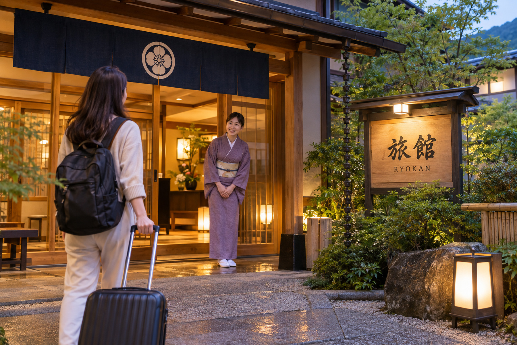 Traveler arriving with luggage at a traditional Japanese ryokan and being welcomed by staff