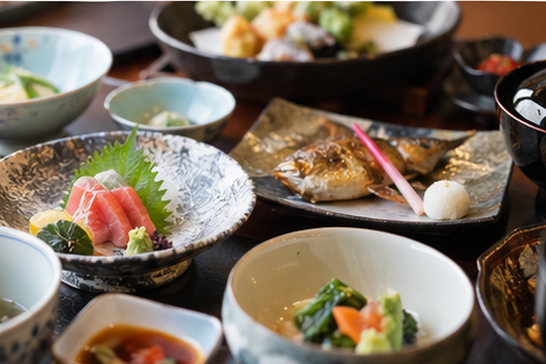 Multi-course Japanese ryokan dinner with sashimi, grilled fish and seasonal dishes