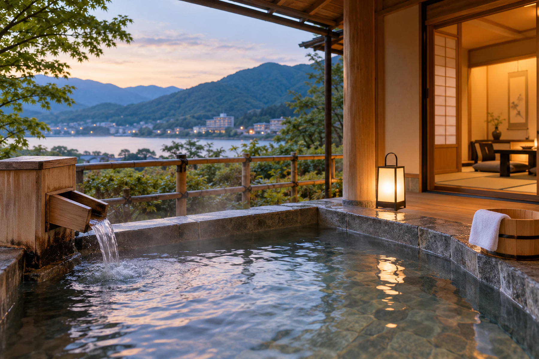 Open-air ryokan bath at dusk with a small towel kept outside the bathwater