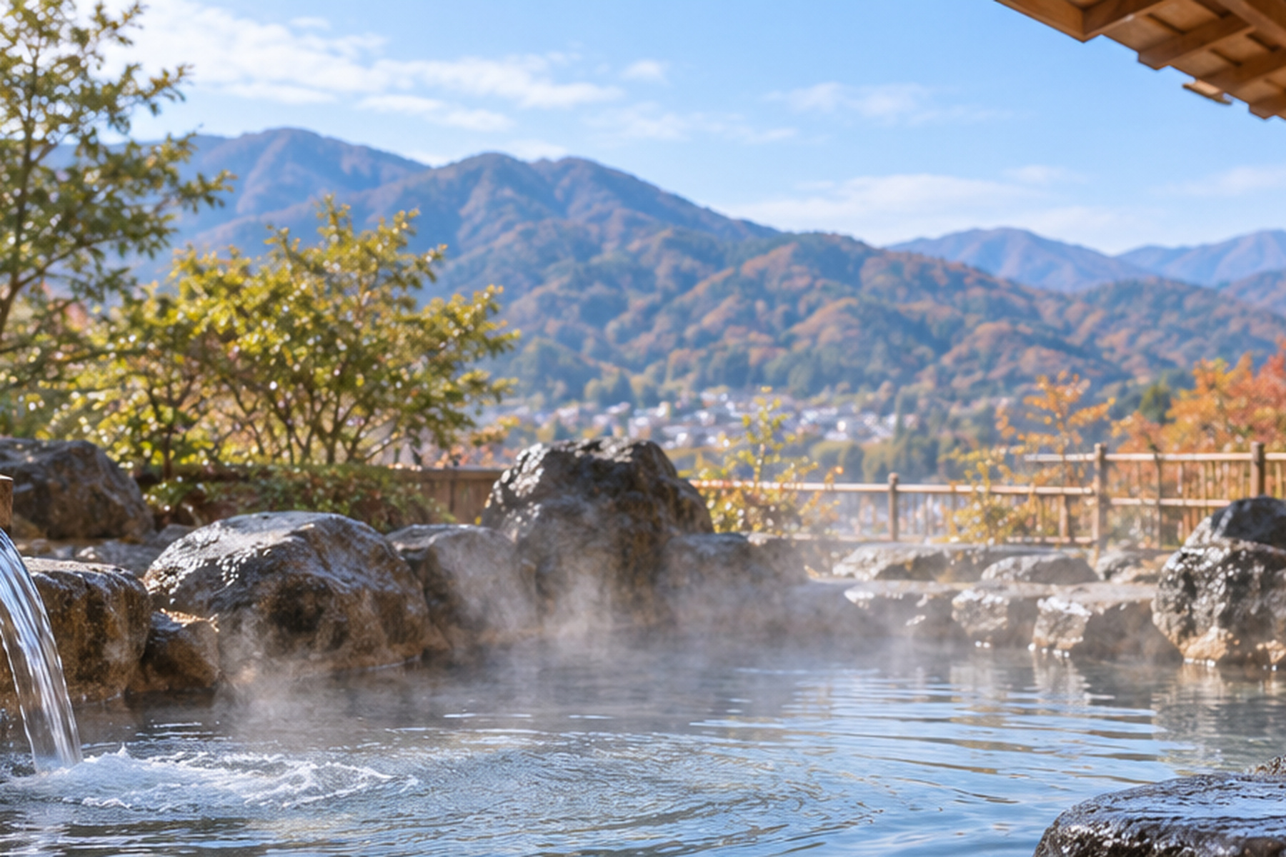 Quiet open-air Japanese onsen with mountain view
