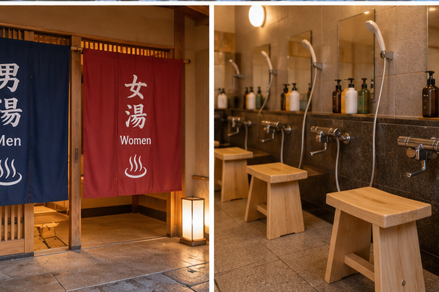 Onsen entrance curtains and seated washing stations