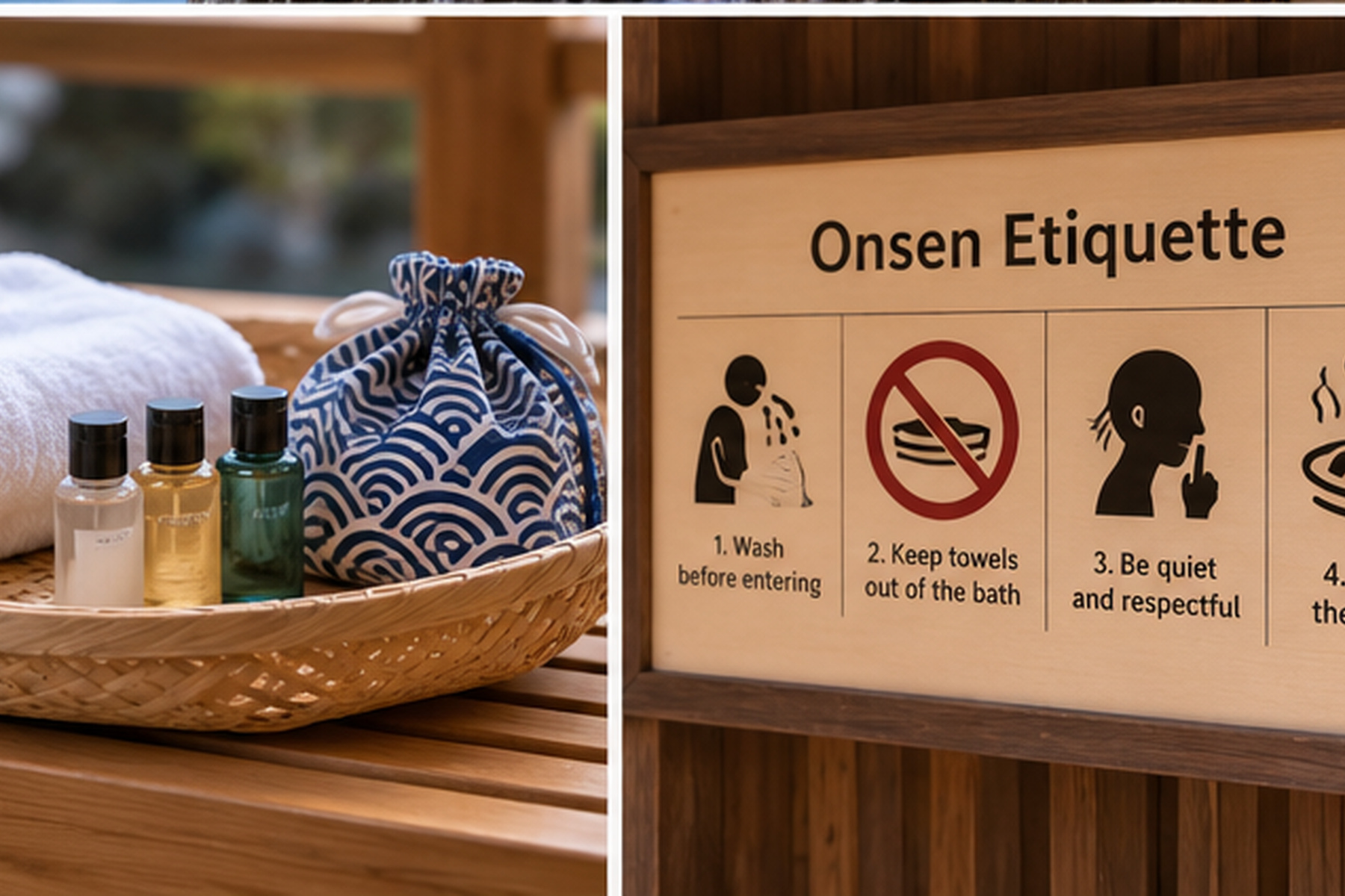 Onsen towel, bathing essentials and etiquette notice