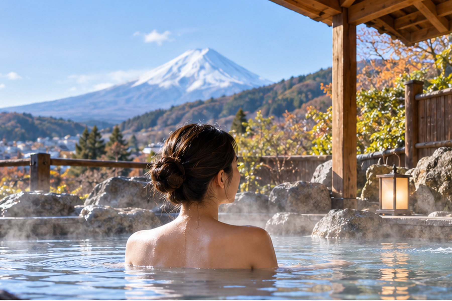 Quiet shared outdoor onsen with mountain scenery
