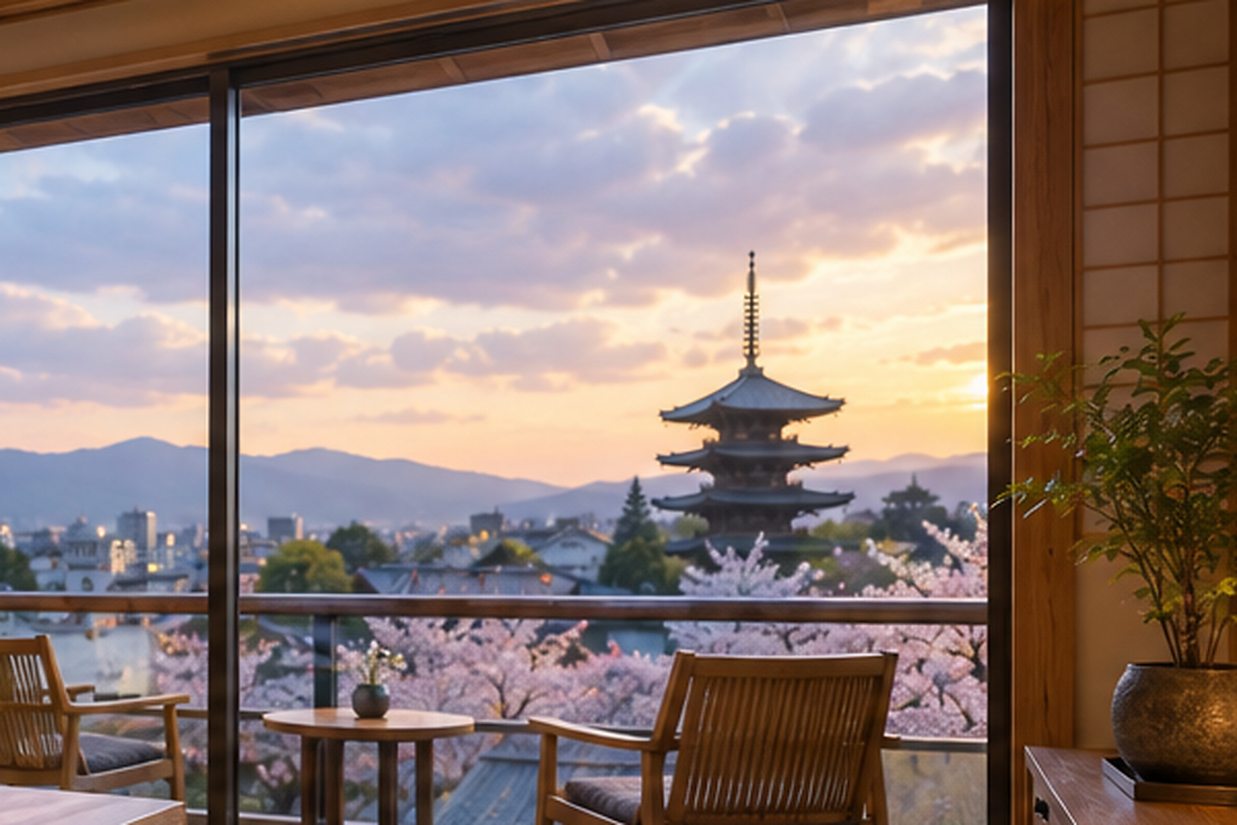 Japanese-style accommodation with balcony view over Kyoto