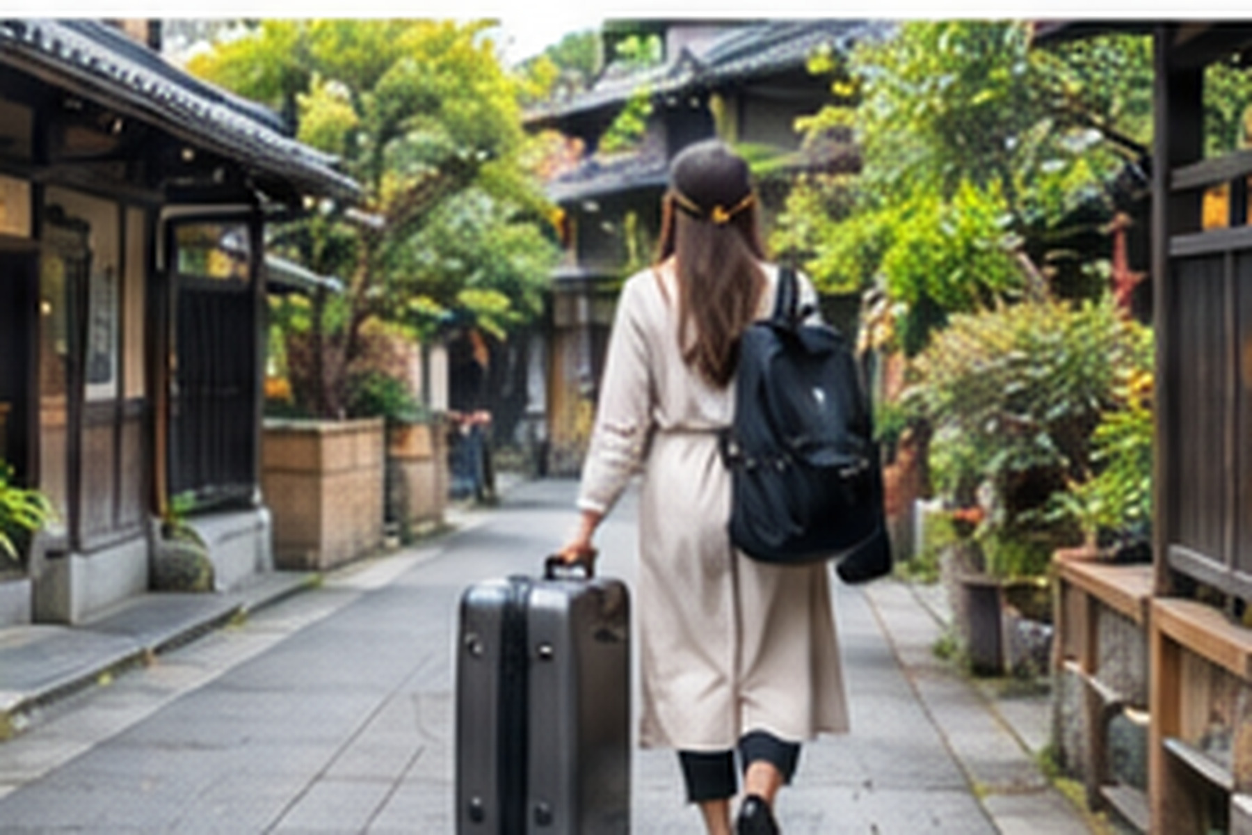 Traveler pulling a suitcase through a residential street in Japan