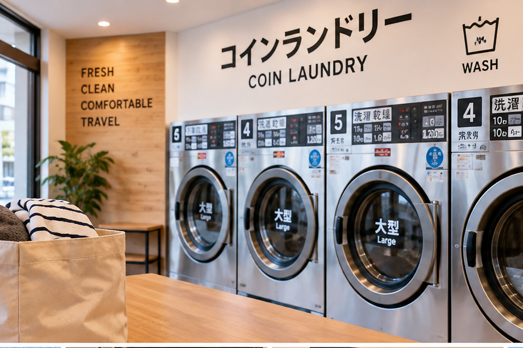 Bright Japanese coin laundry interior with washing machines