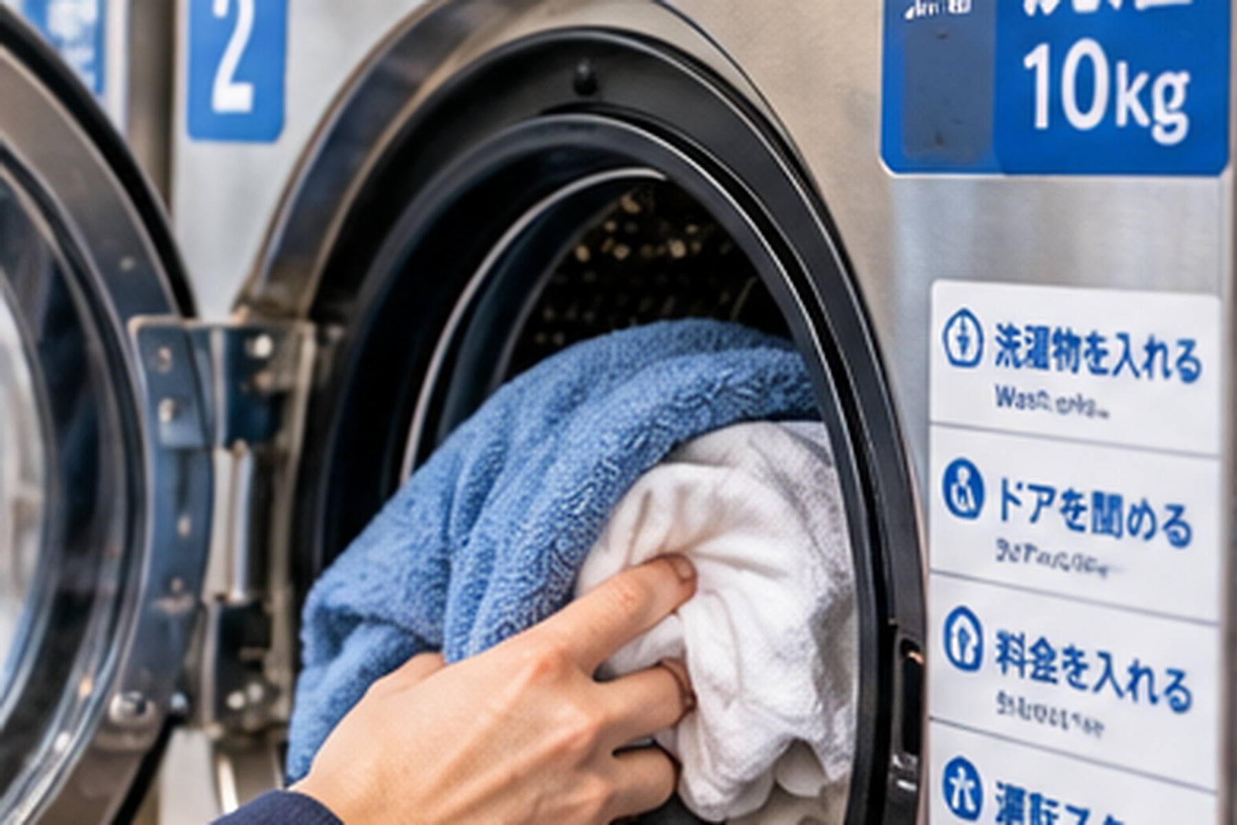 Traveler loading clothes into a coin laundry washing machine