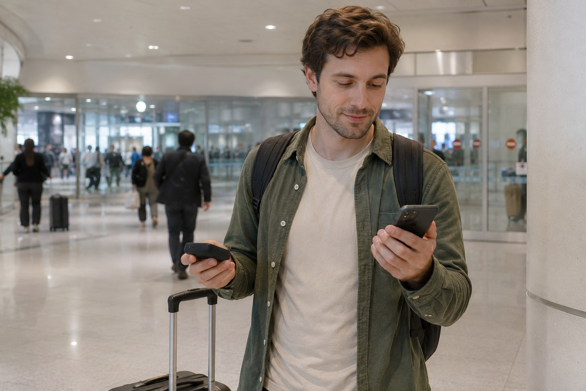 Traveler using a smartphone and pocket WiFi router in a Japanese airport terminal