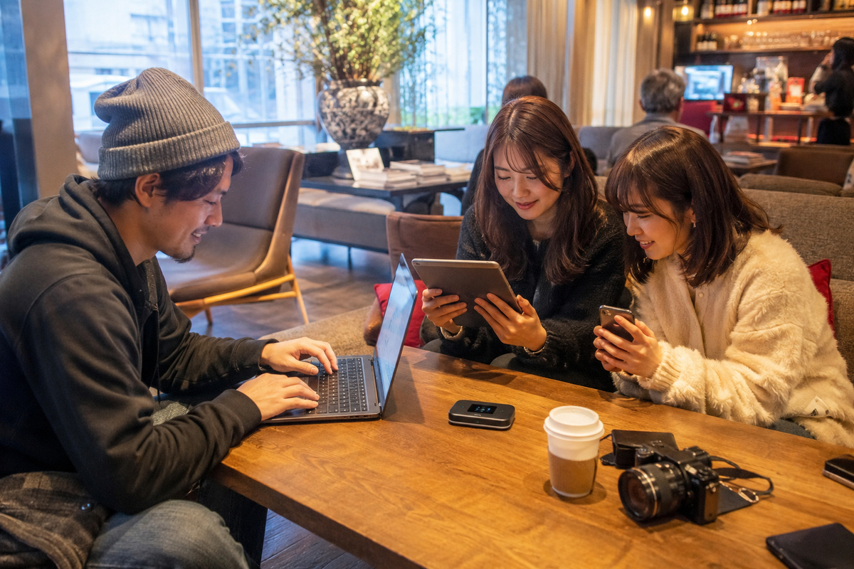 Three travelers sharing one pocket WiFi connection across a laptop, tablet and smartphone