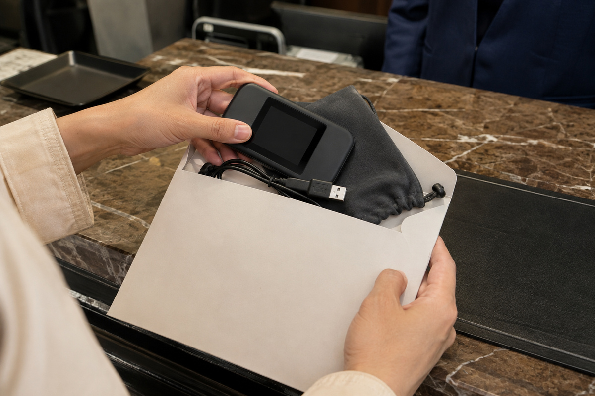 Traveler packing a pocket WiFi router, cable and pouch for return at a service counter
