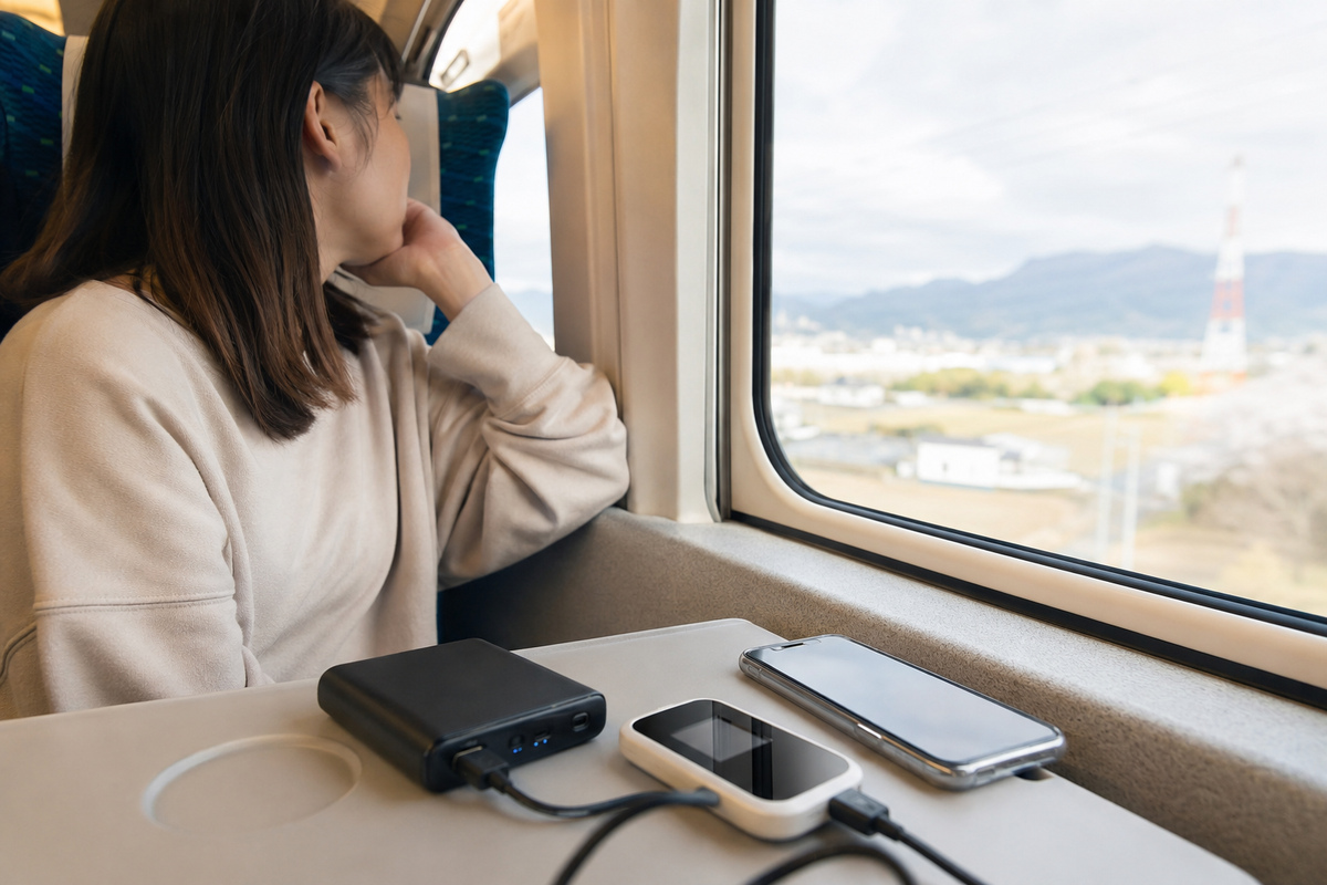 Pocket WiFi router, smartphone and power bank in use during a train trip in Japan