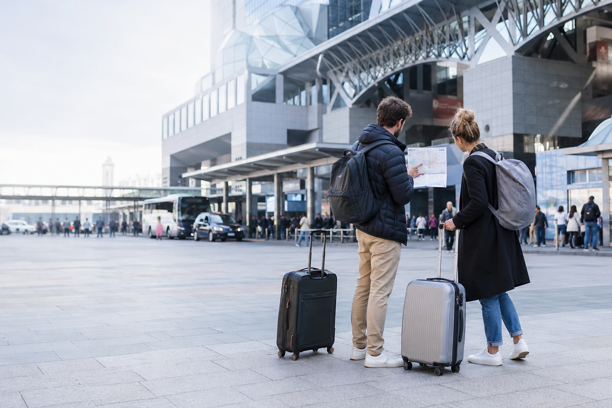 Two travelers with luggage coordinating their route at a major transport terminal in Japan