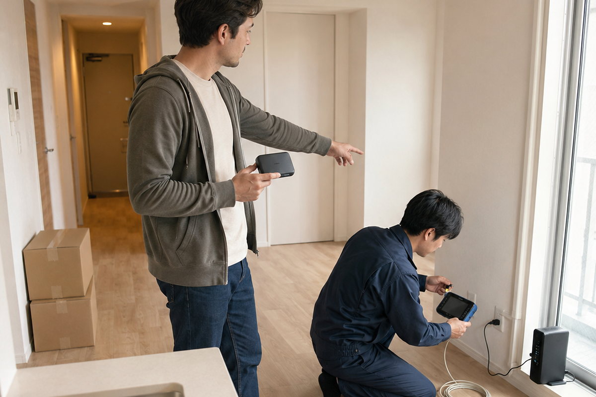 Person holding a compact portable WiFi router during an internet setup check