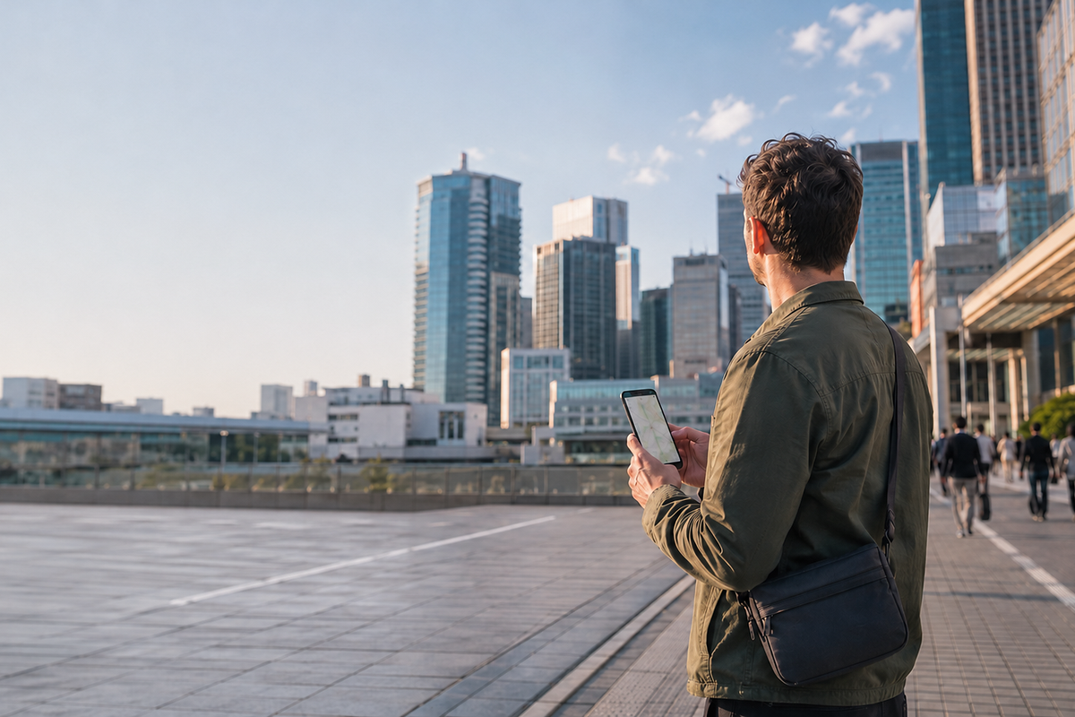 Solo traveler checking a smartphone while navigating independently in Tokyo