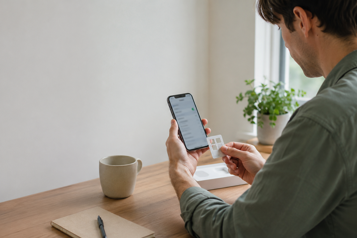 Person checking smartphone compatibility while holding a SIM-sized card