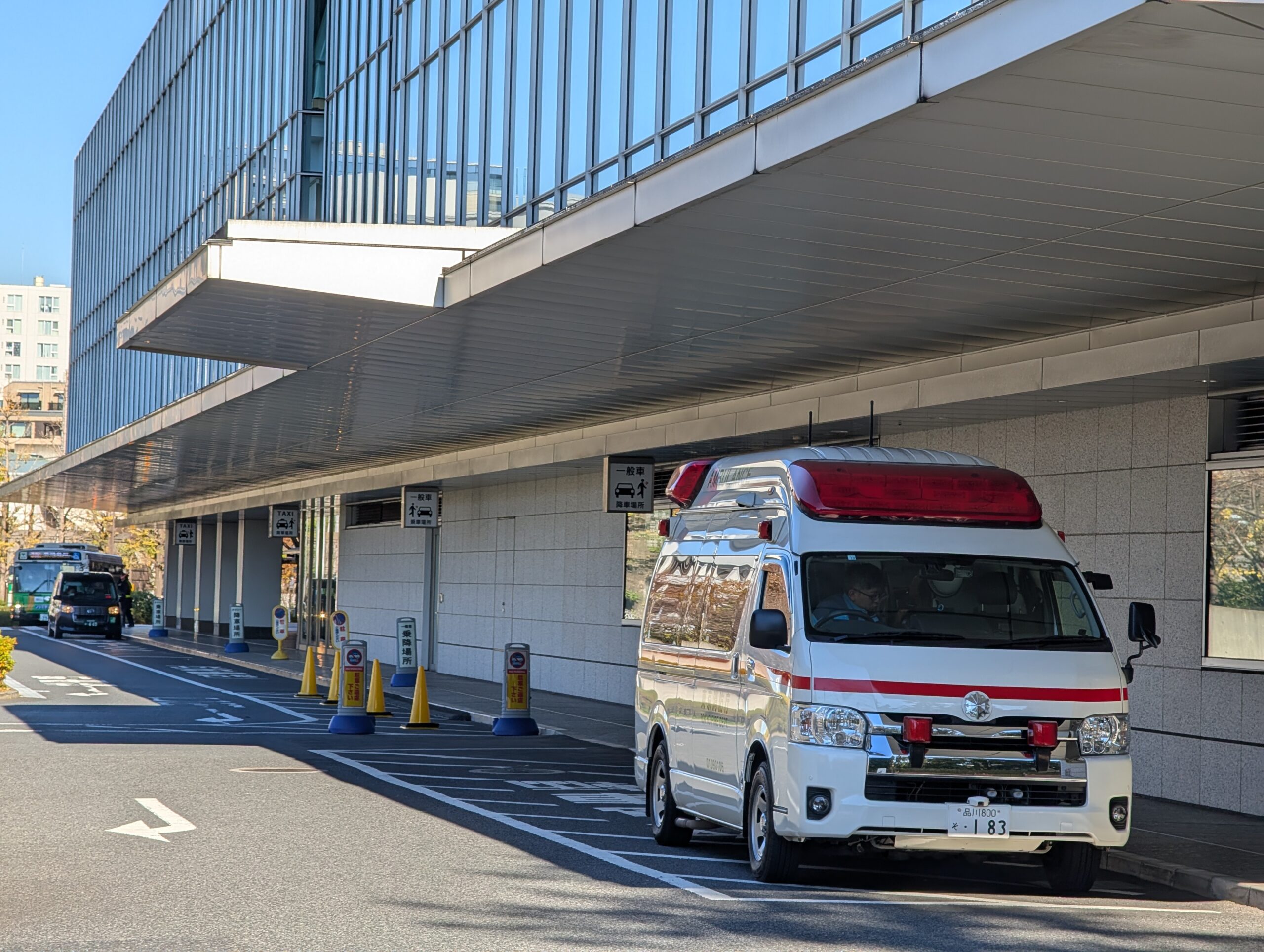 Ambulance outside a large medical center in Tokyo