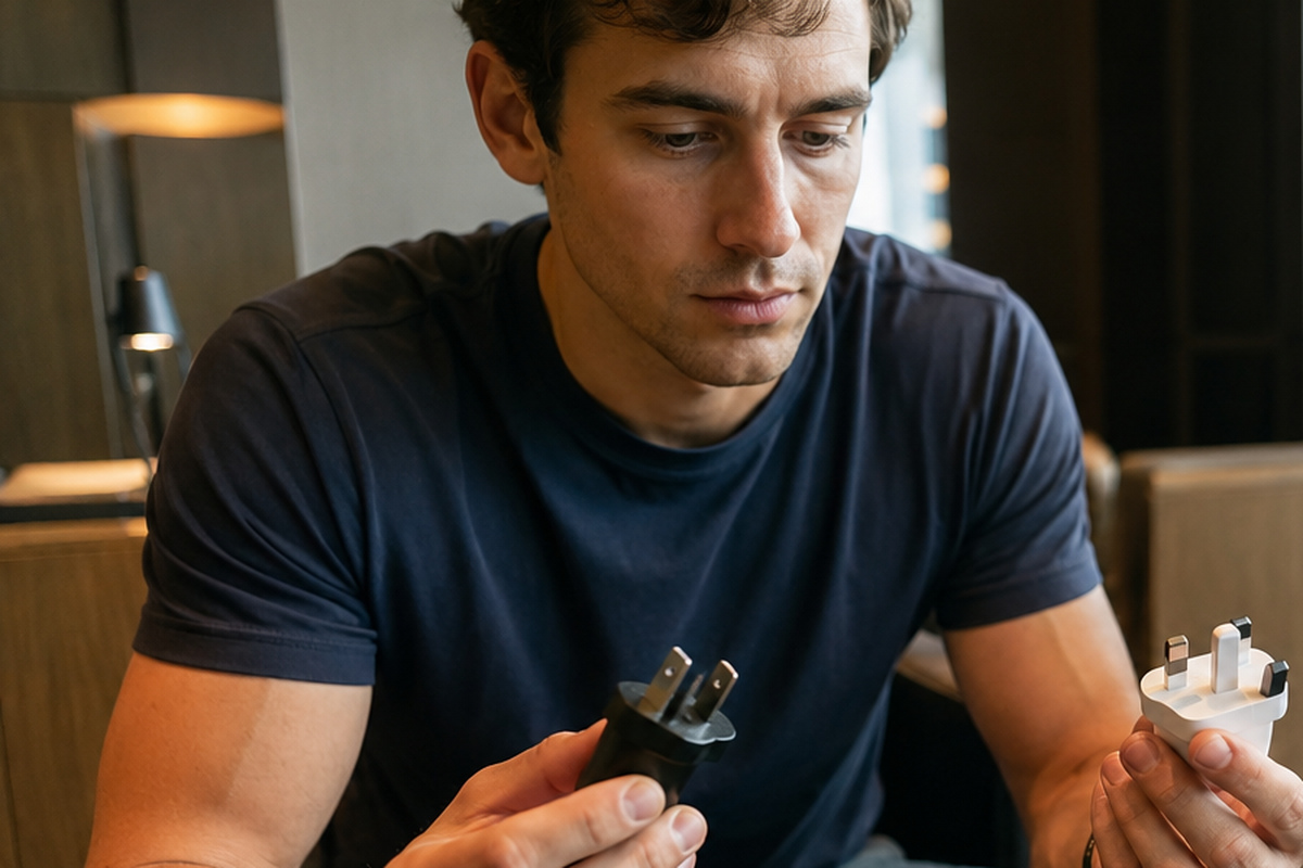 Traveler comparing different international plug shapes before a Japan trip
