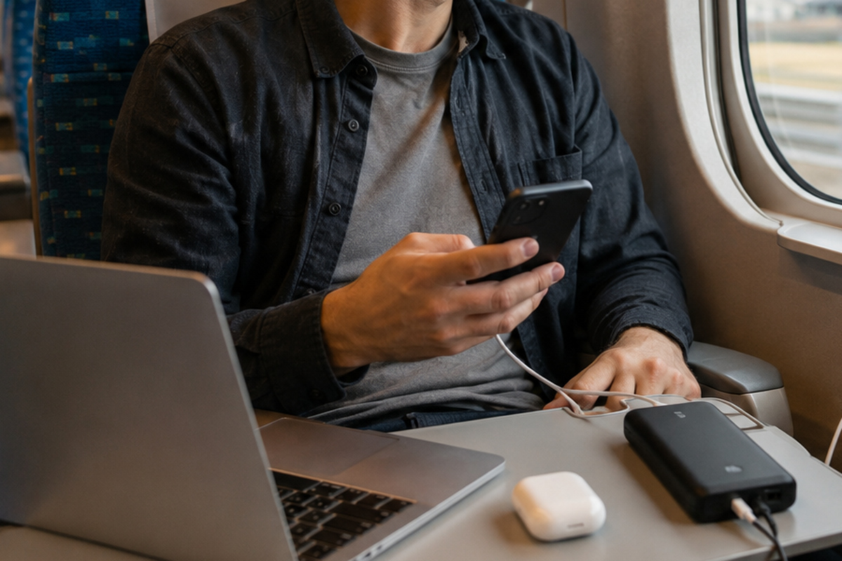 Traveler using a phone, laptop and power bank during a train journey in Japan