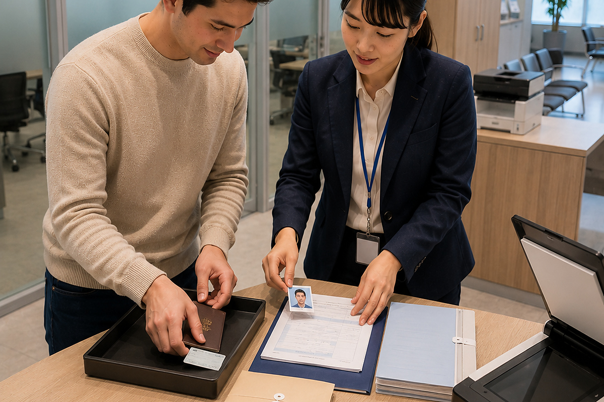 Traveler organizing identification and supporting documents before a formal application