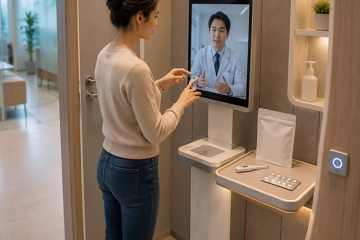 Traveler consulting a doctor by telemedicine with medicine and medical supplies nearby