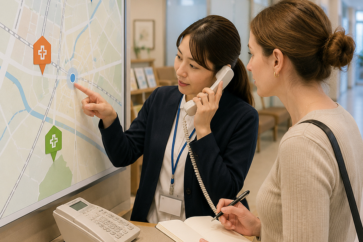 Traveler getting directions to medical services and pharmacies in Japan