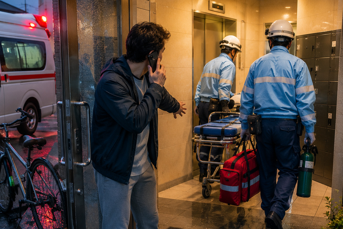 Traveler calling for help as emergency responders arrive with an ambulance in Japan