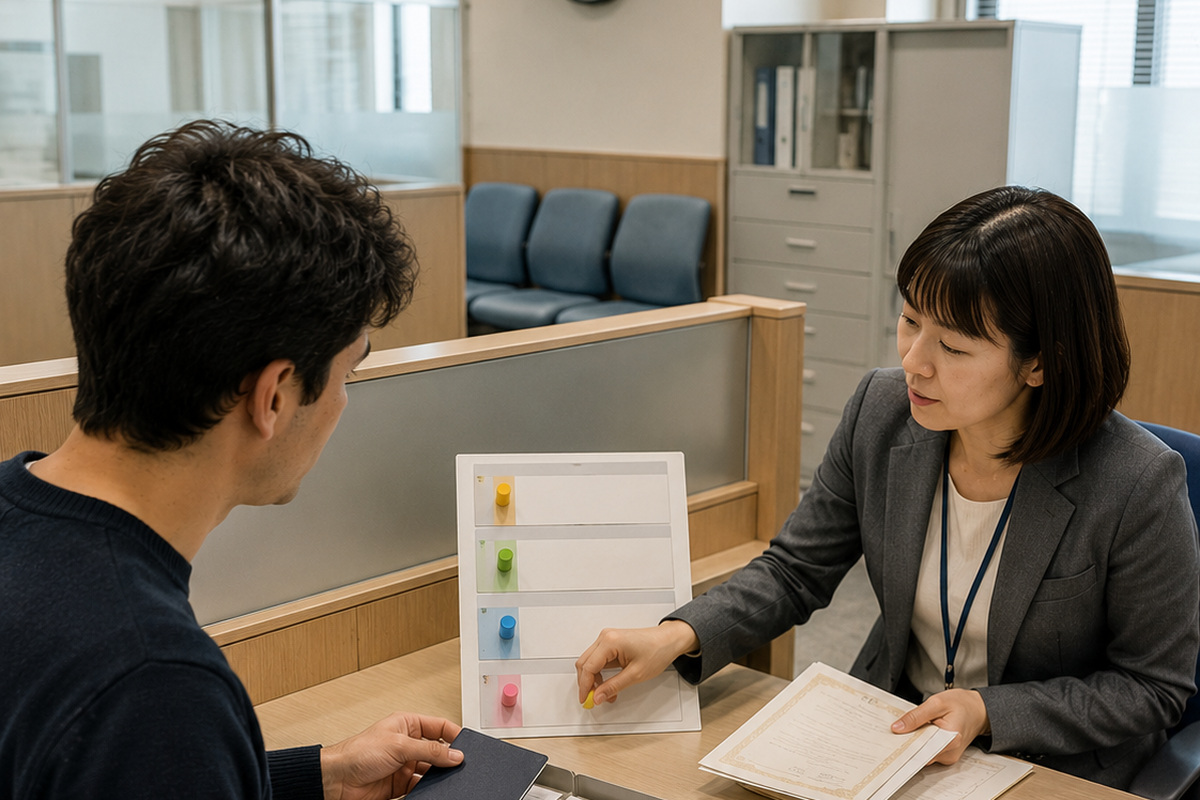 Traveler getting practical assistance at a service counter in Japan