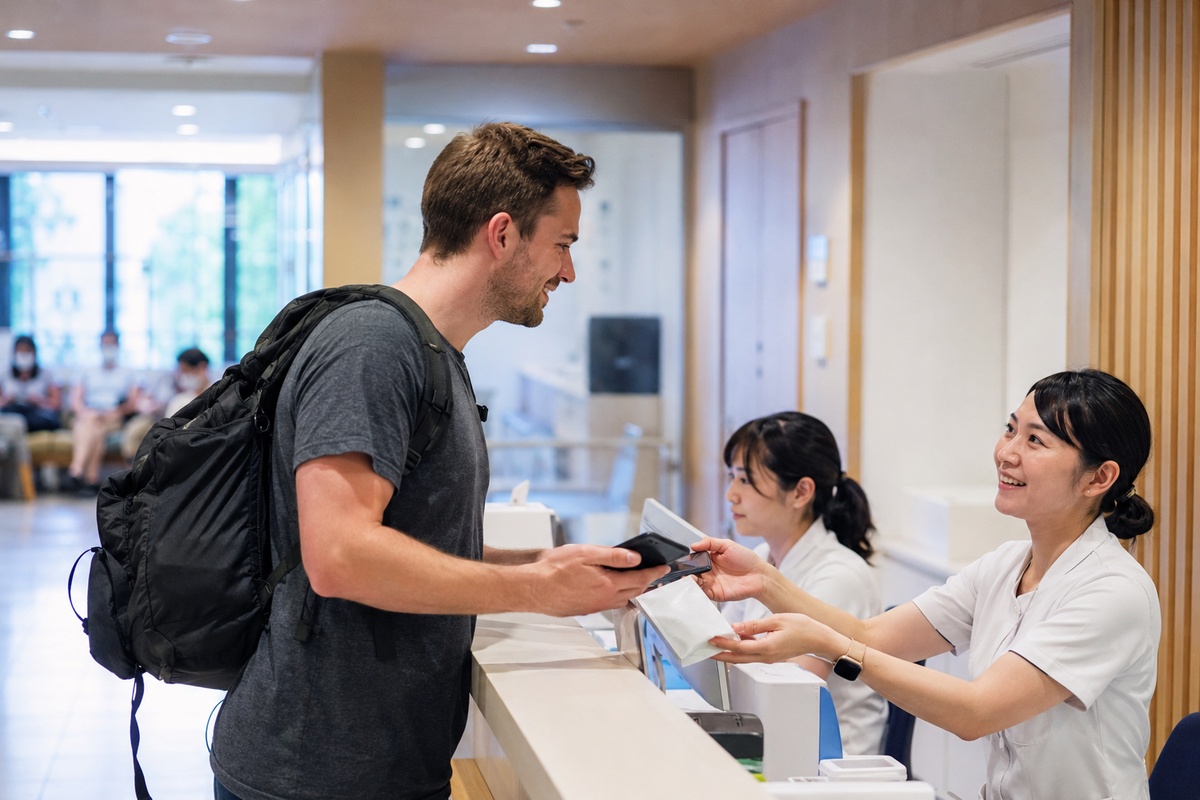 Traveler speaking with staff at a hospital or clinic reception in Japan