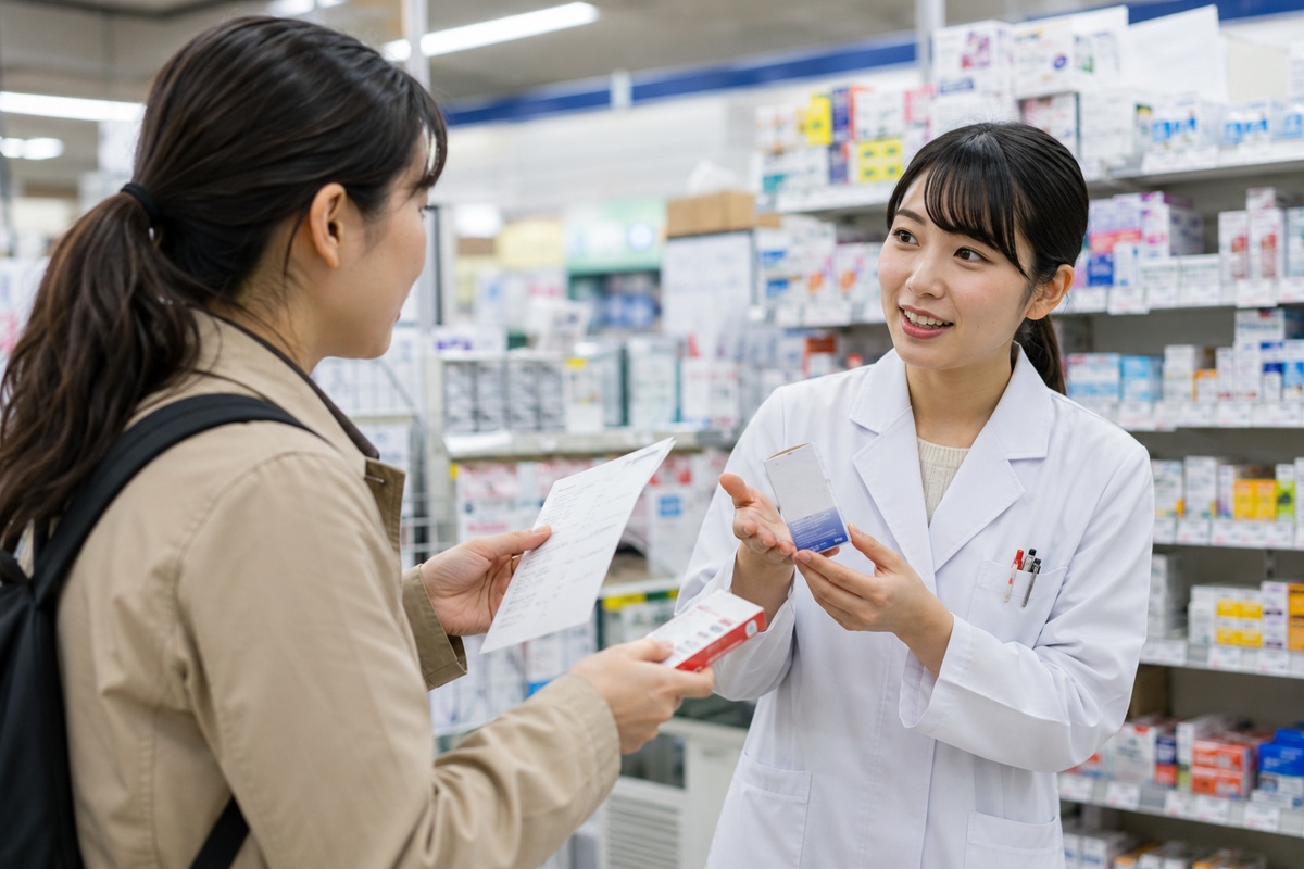 Traveler asking a pharmacist about medicine in a Japanese pharmacy